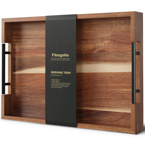 Fibogollo acacia wood tray with metal handles, top view, sturdy for serving.