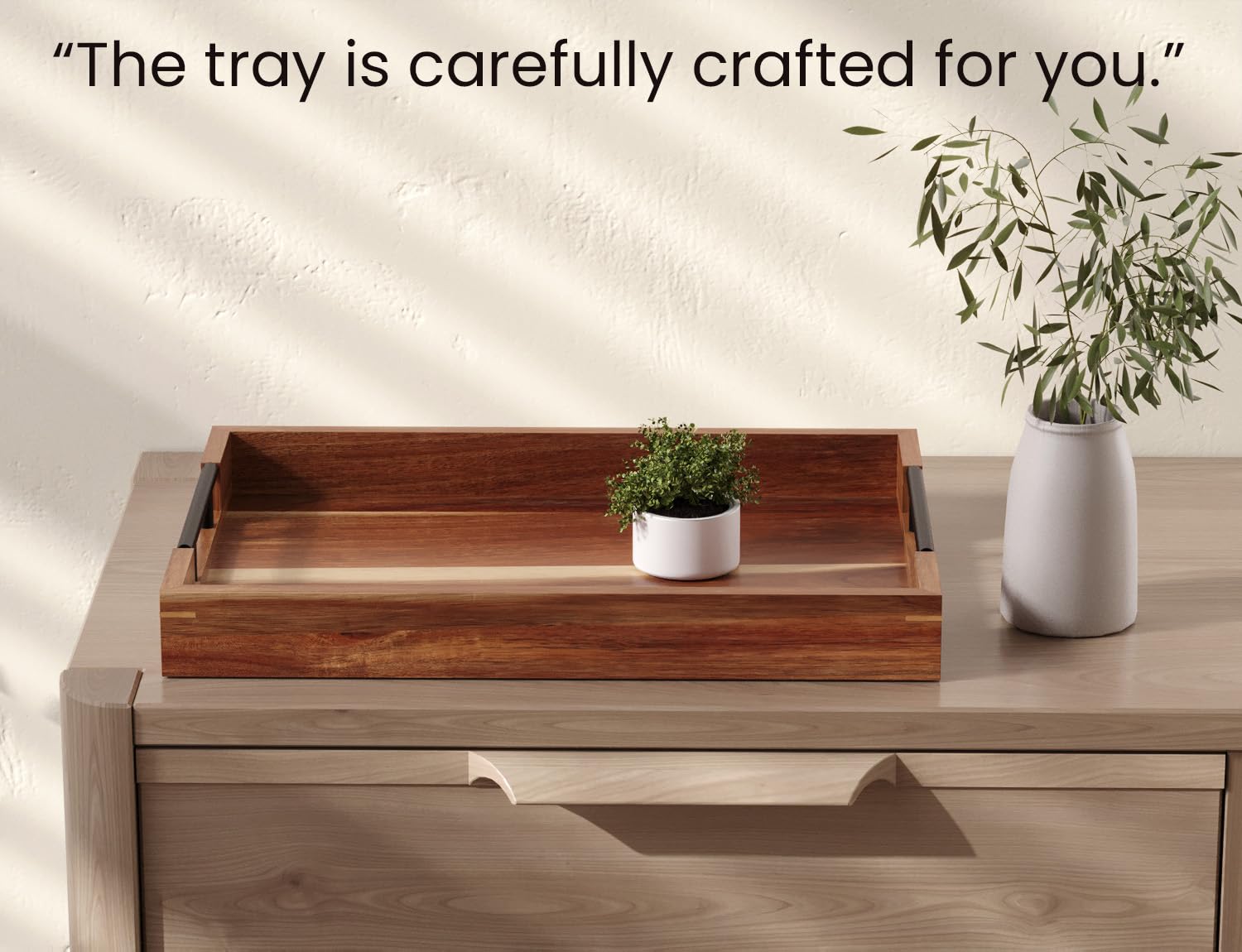 Fibogollo acacia wood tray with handles, easy cleanup and durable finish.