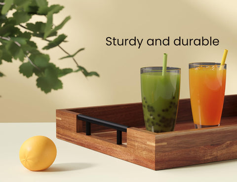 Fibogollo acacia wood tray on a coffee table, versatile decor and service.