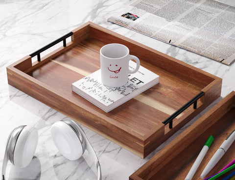 Fibogollo acacia wood tray in living room setup, ideal for drinks and snacks.