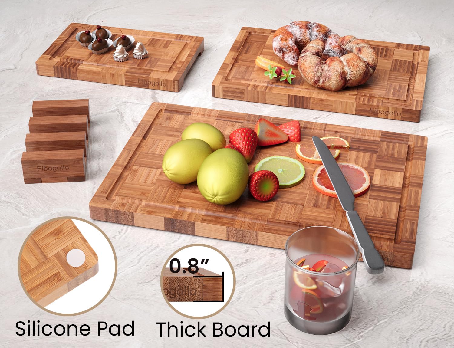 Fibogollo bamboo board juice groove keeps juices contained.