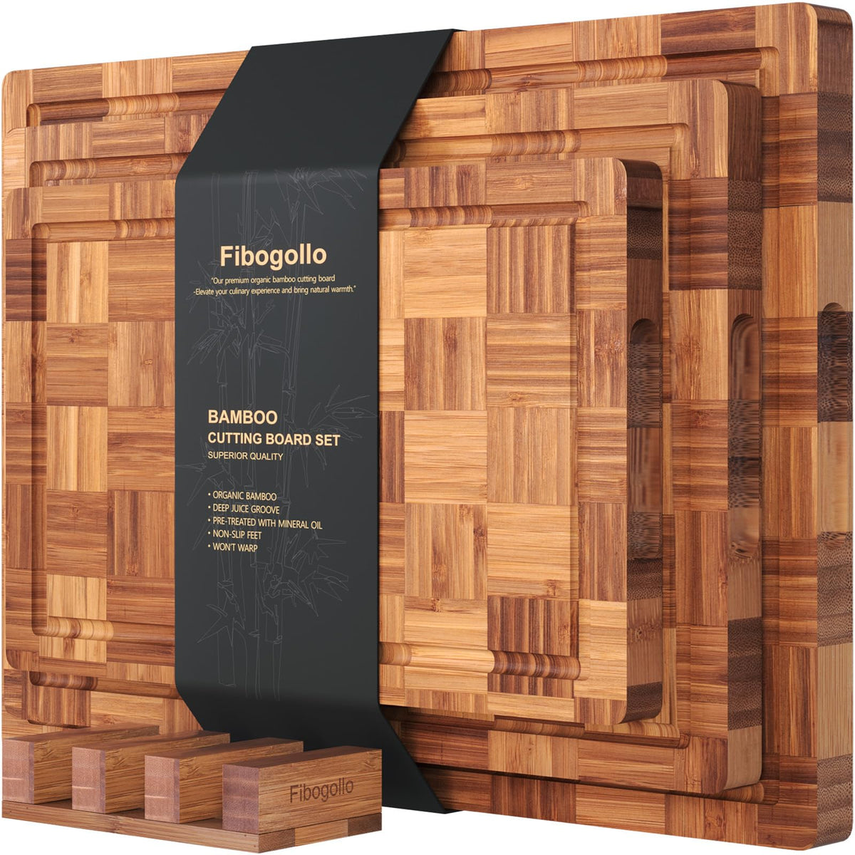 Fibogollo bamboo cutting board with juice groove keeps countertops clean.