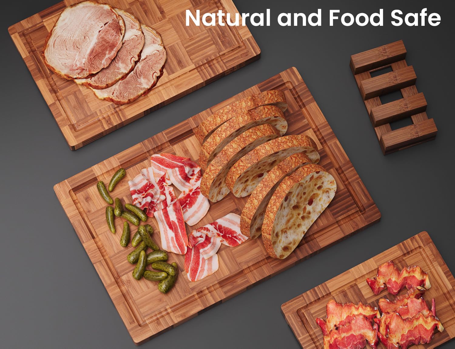 Fibogollo large bamboo board prepared for meats and big chopping tasks.