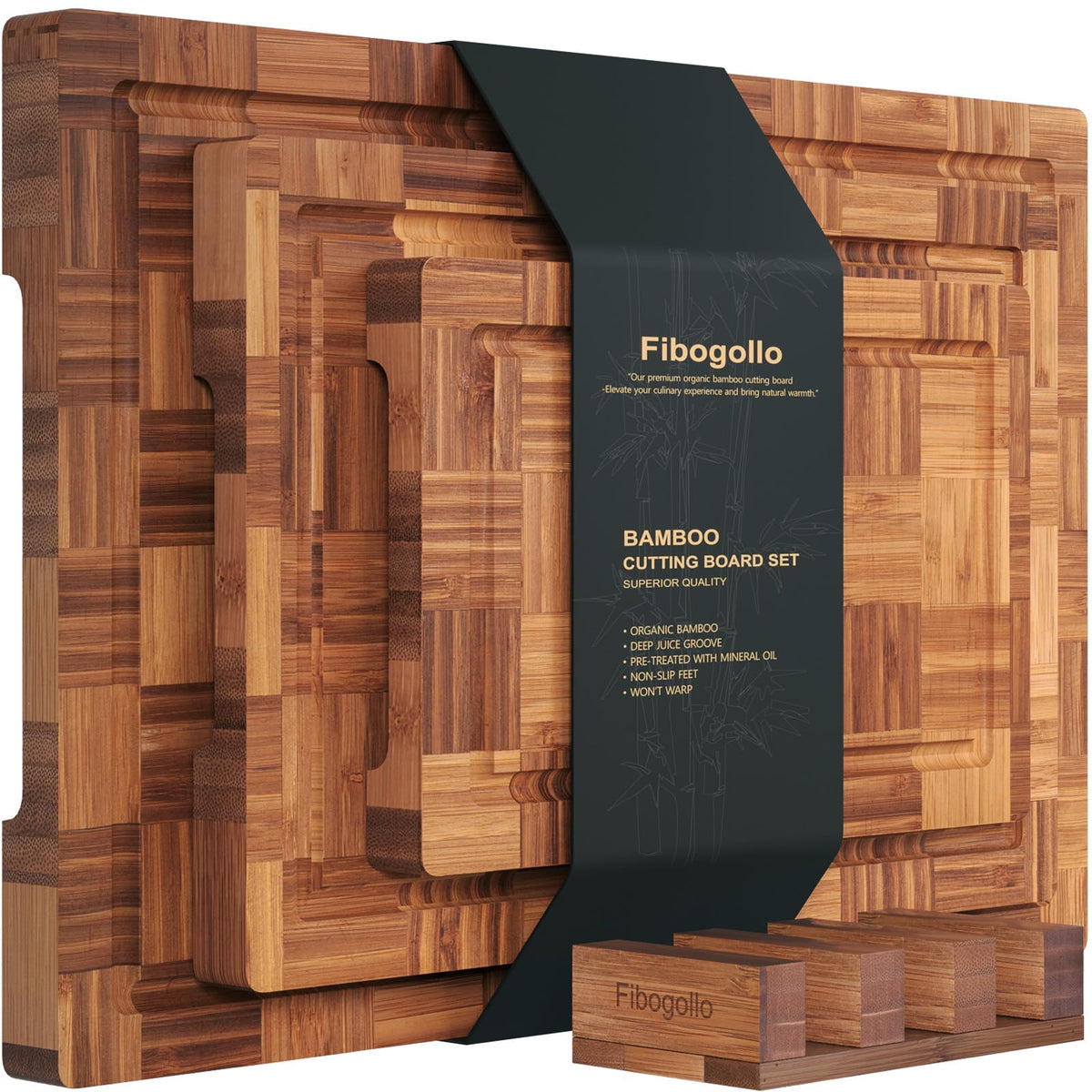 Fibogollo bamboo cutting board set on stand, organized and ready for prep.