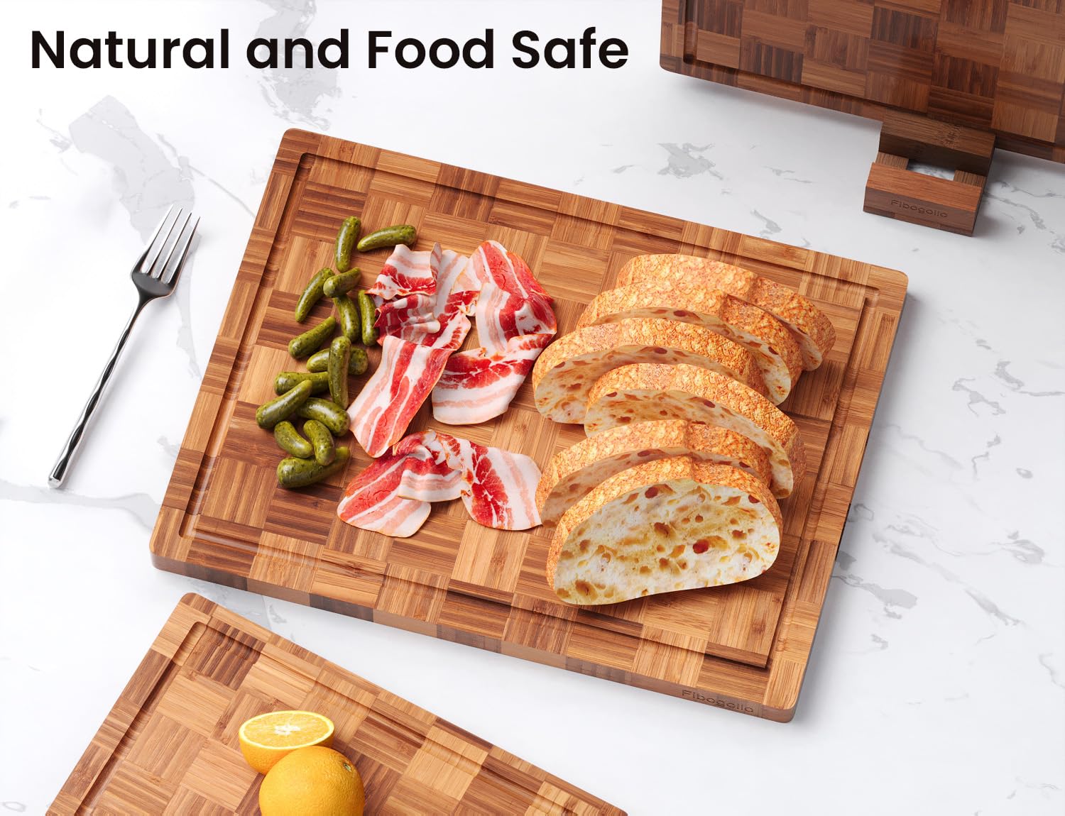 Fibogollo end grain serving board with holder for easy serving.