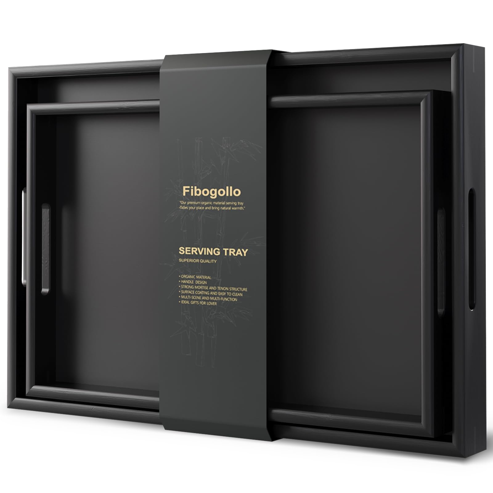 Fibogollo bamboo serving tray set with handles in black, ideal for serving drinks