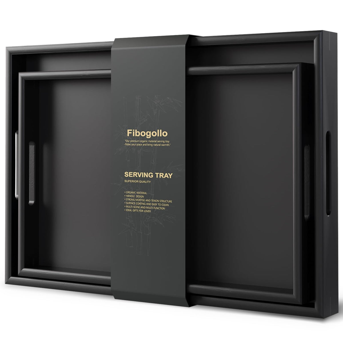 Fibogollo bamboo serving tray set with handles in black, ideal for serving drinks