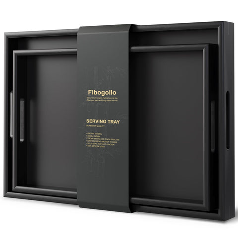 Fibogollo bamboo serving tray set with handles in black, ideal for serving drinks