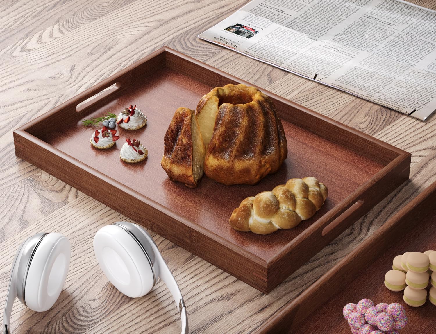 Bedside setup with Fibogollo bamboo trays for morning essentials.