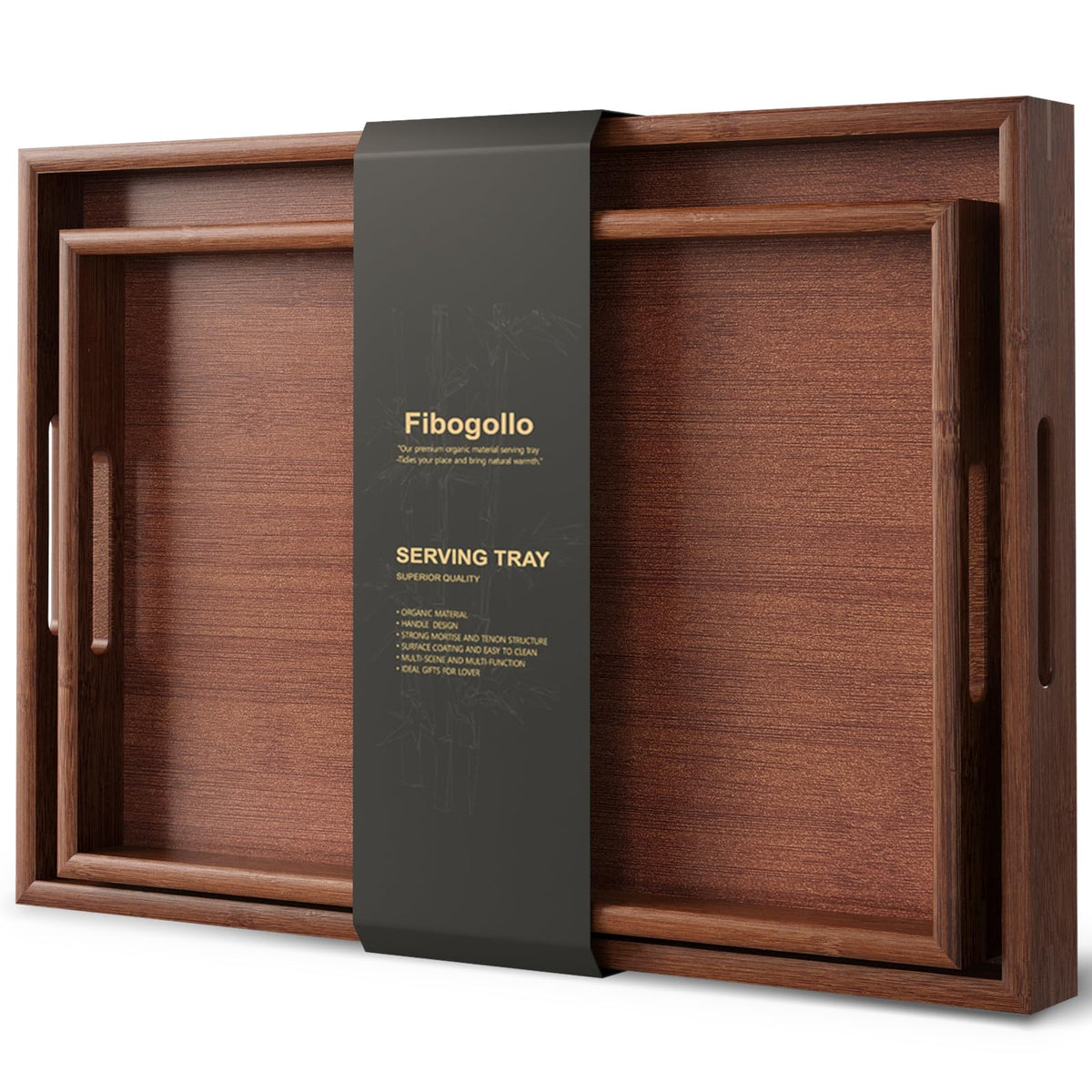 Fibogollo bamboo serving tray set with handles in brown, ideal for family dining.