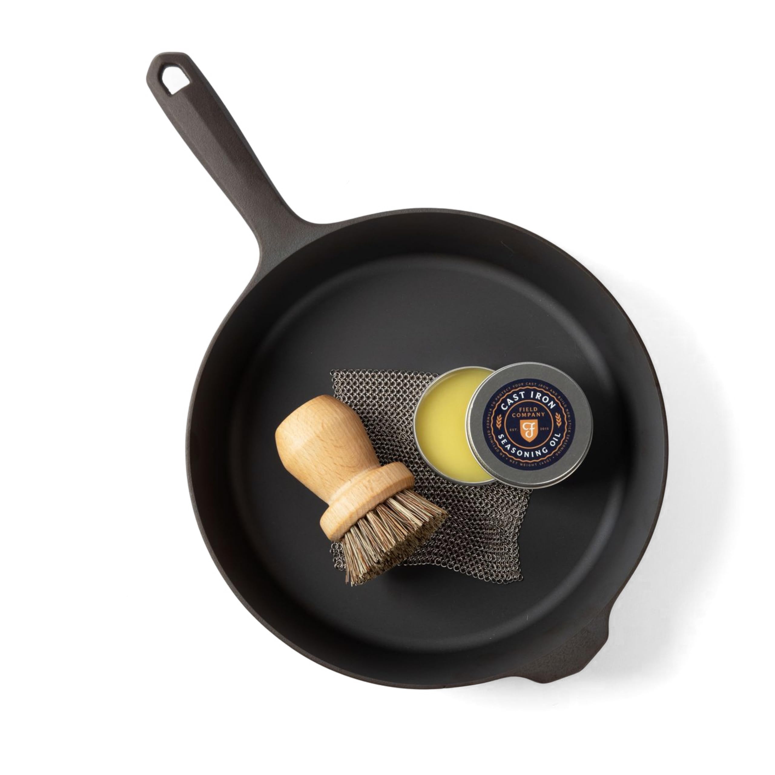 Field Cast Iron Starter Set skillet top view with smooth finish for easy searing.