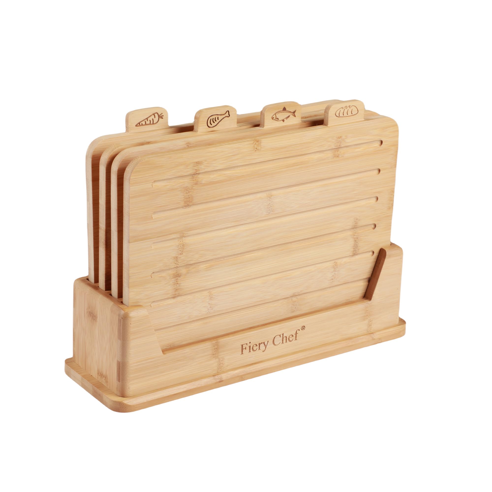 Fiery Chef bamboo cutting board set with icons for organized meal prep.