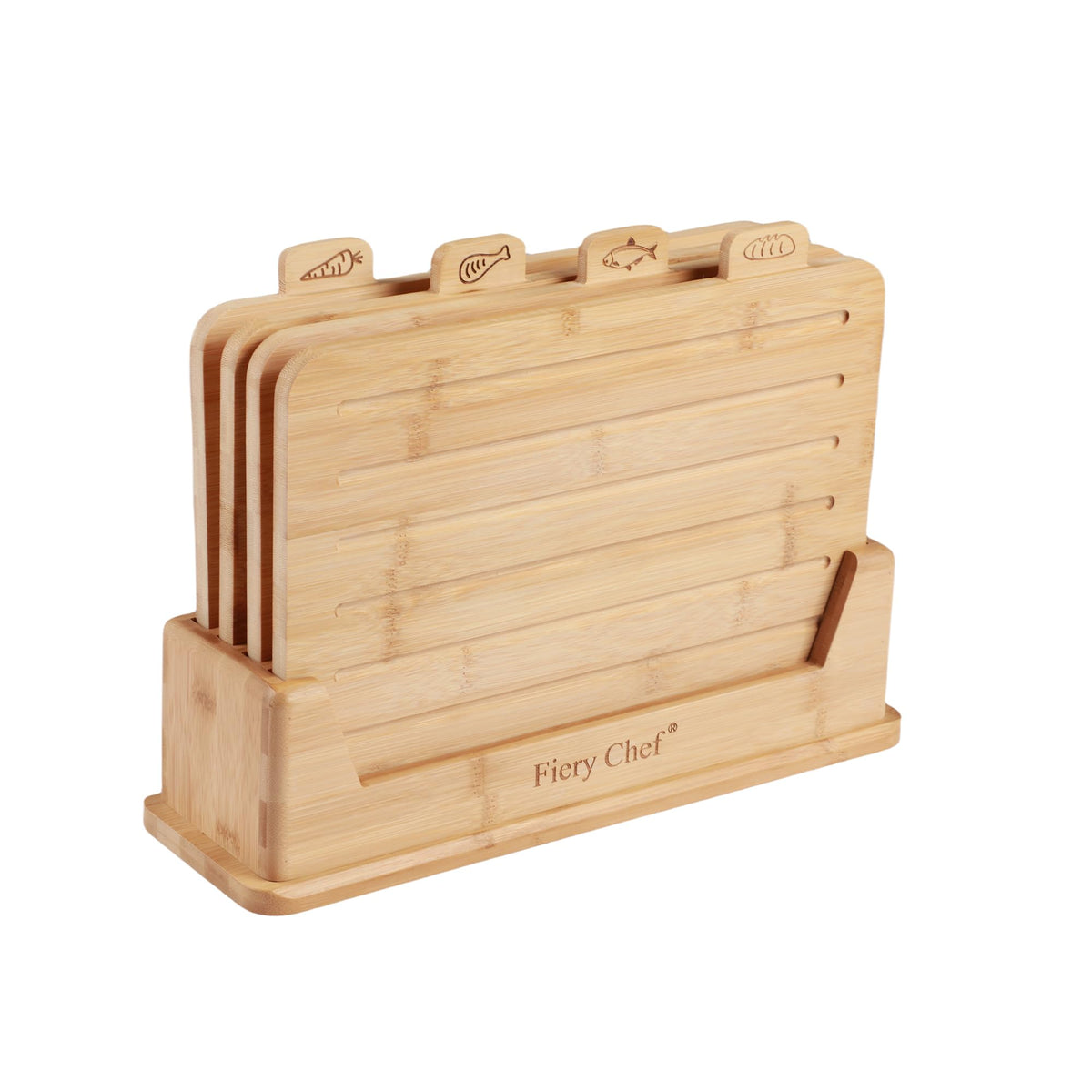Fiery Chef bamboo cutting board set with icons for organized meal prep.