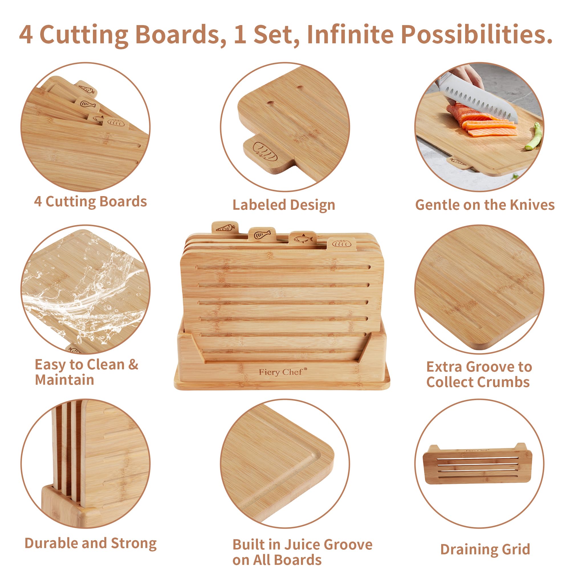 Fiery Chef meat-fish-vegetables boards support hygienic, distinct ingredient prep.