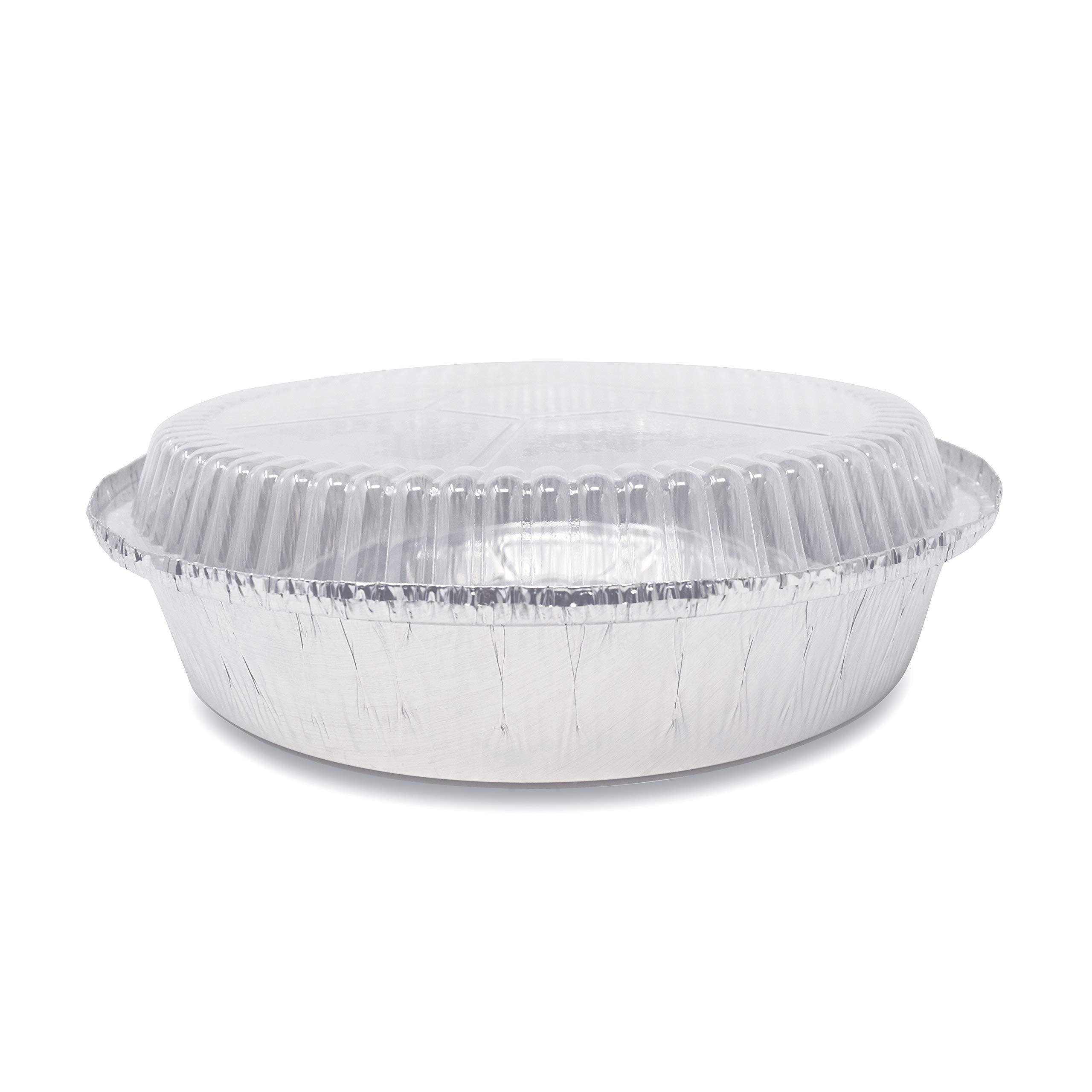 Fig & Leaf round foil pans with plastic dome lids for quick viewing and freshness.
