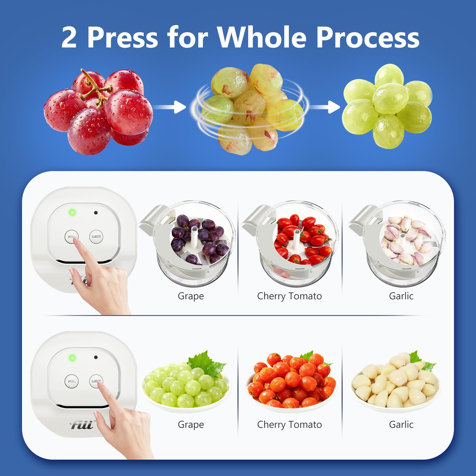 FIII Electric Grape Peeler in-use close-up highlights sharp blades for clean peeling.