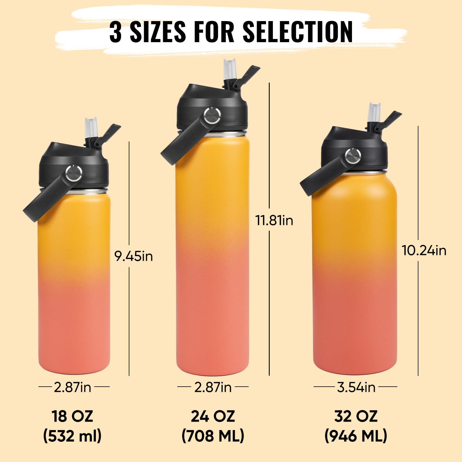 Fijinhom 24oz orange bottle with silicone straw for easy sipping.