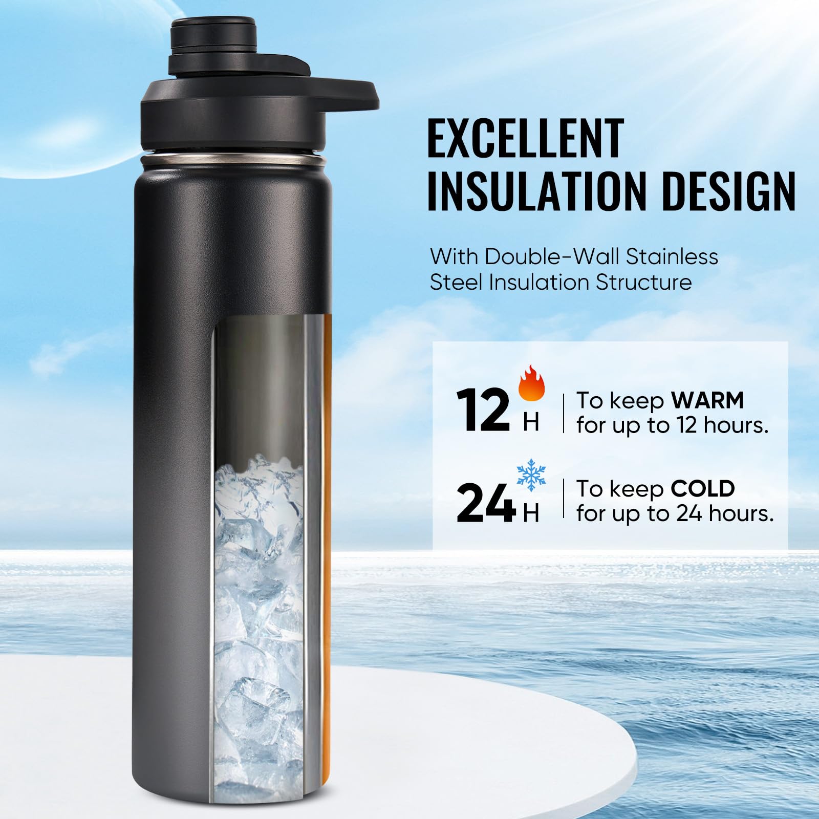 Fijinhom double-wall vacuum bottle preserves temperature for hours.