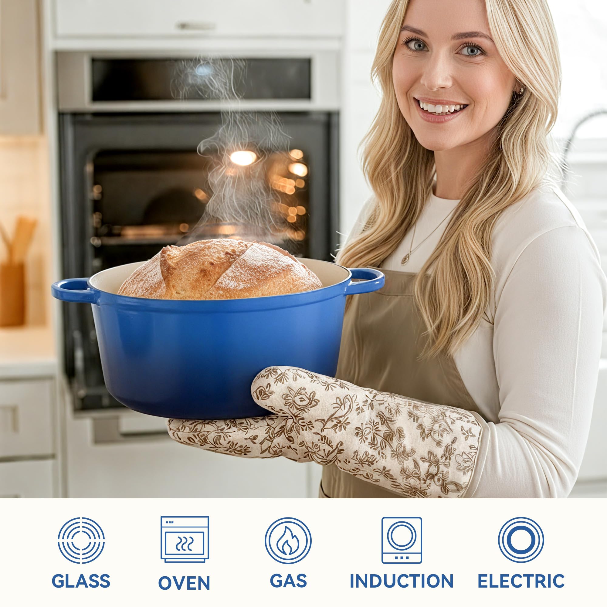 Bread baking inside the blue enamel Dutch oven for crusty results