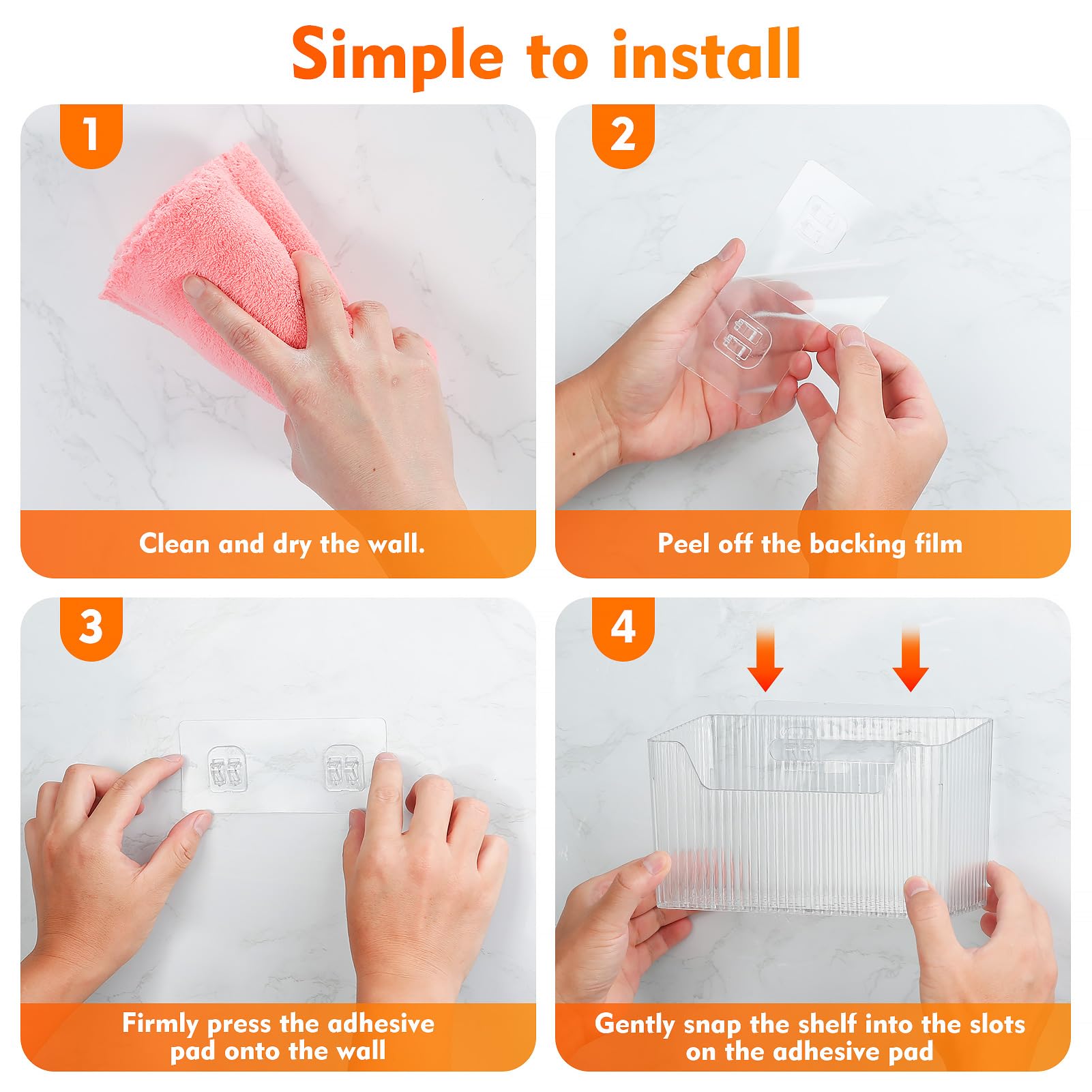 Fikinit packaging includes two bins and four adhesive strips for versatile setup