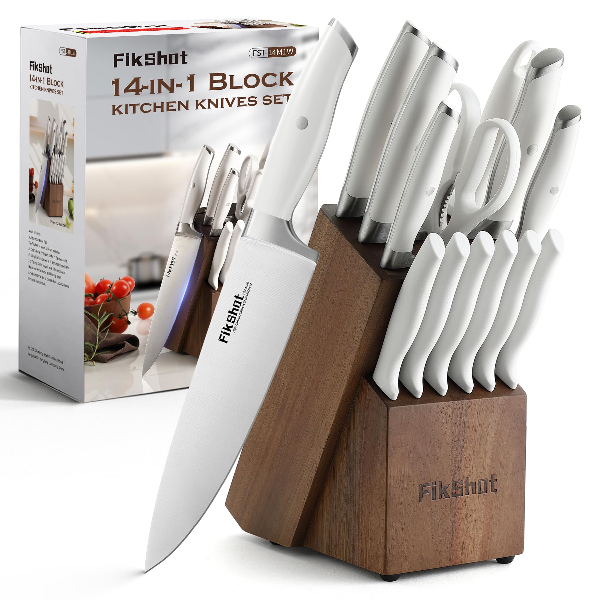FikShot 14-piece knife set with block for organized storage and precision cutting.
