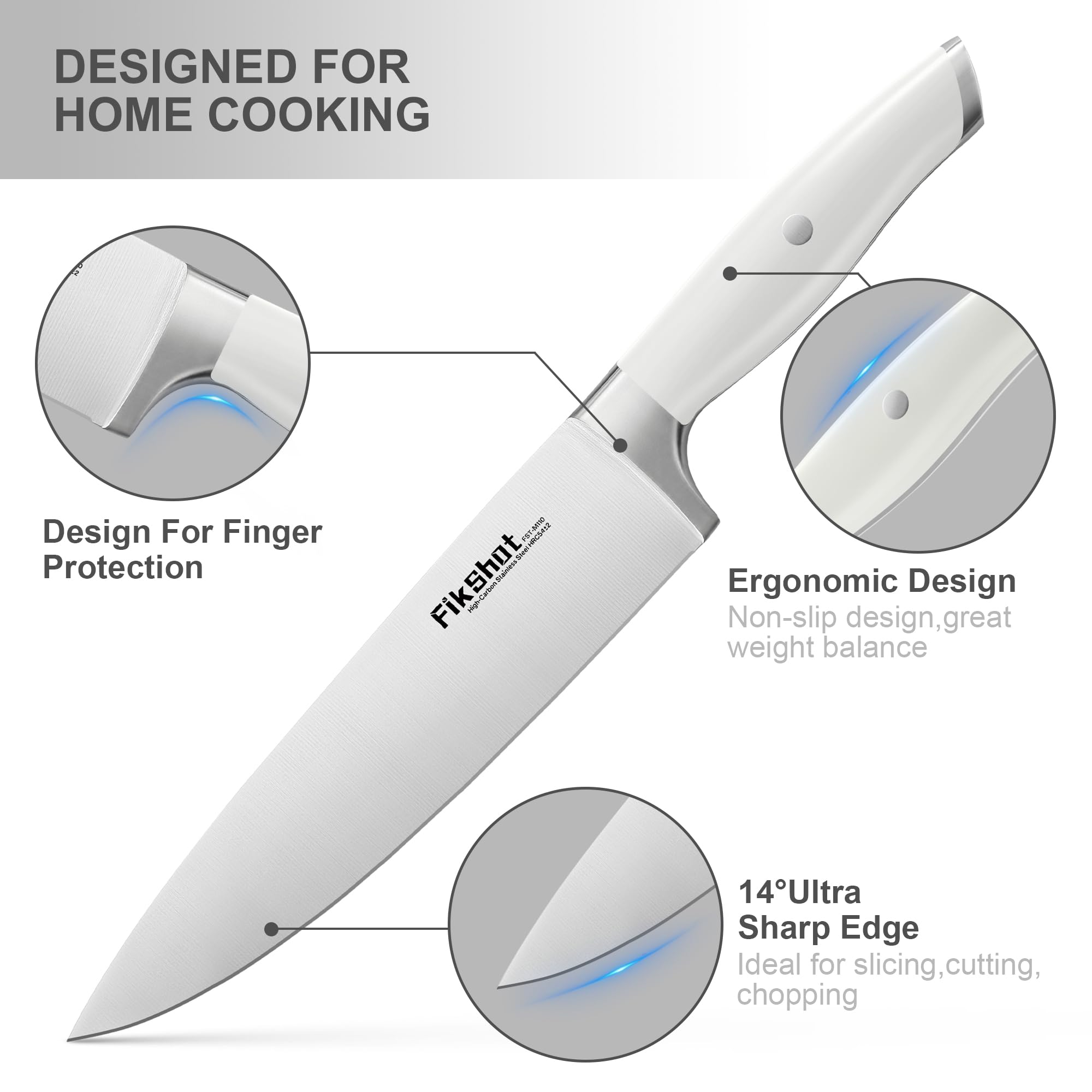 FikShot 8-inch chef knife close-up highlighting ergonomic, riveted handle.