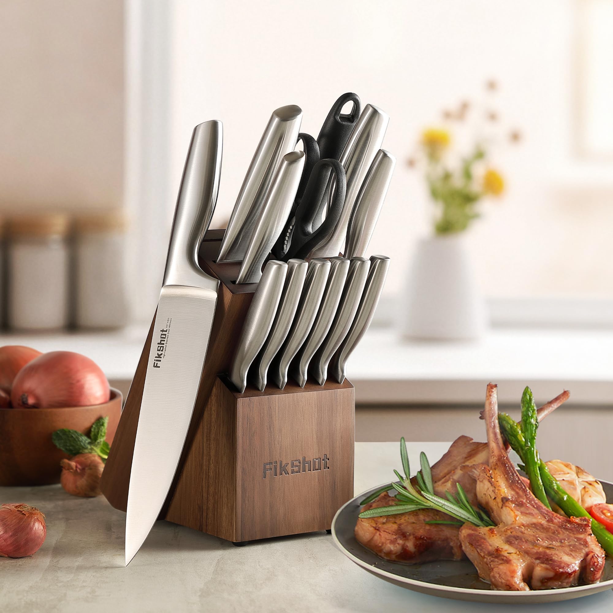 FIKSHOT chef knife in block offers balanced cutting control during prep.