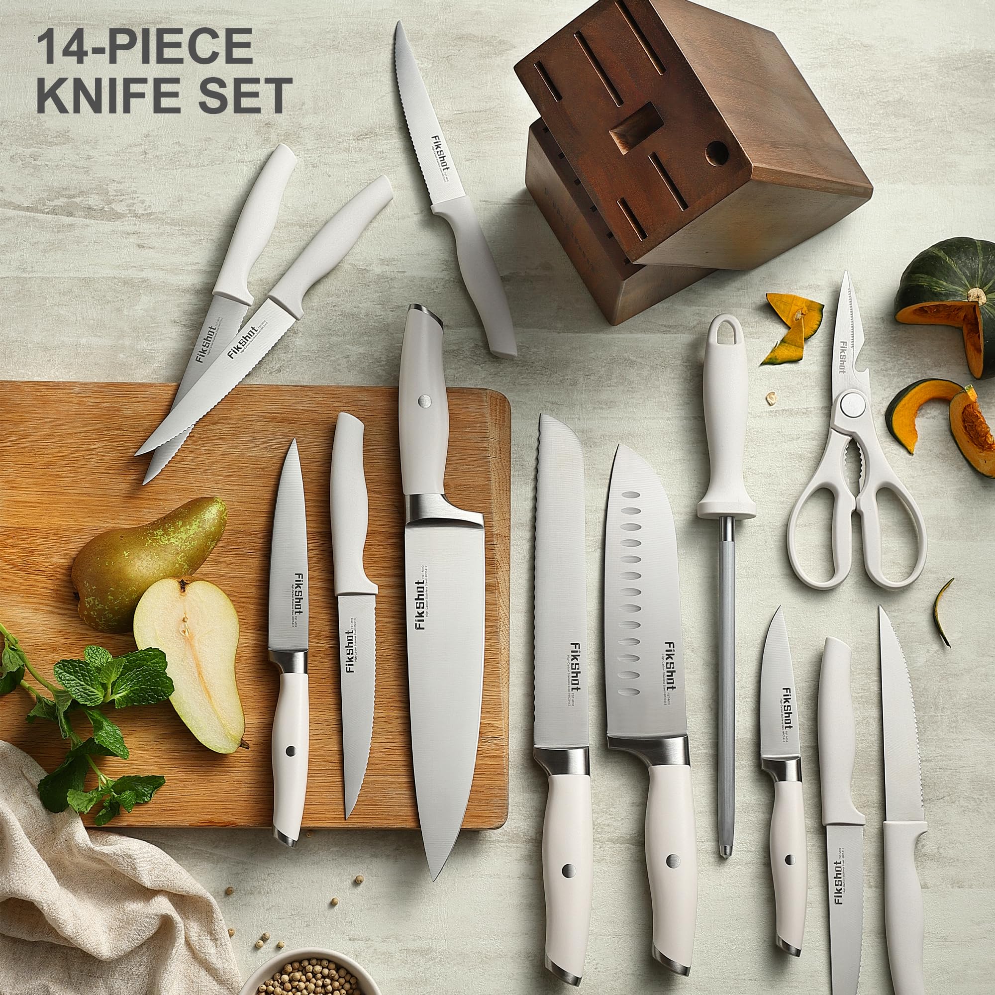 FikShot kitchen shears and honing steel shown for maintenance and edge care.