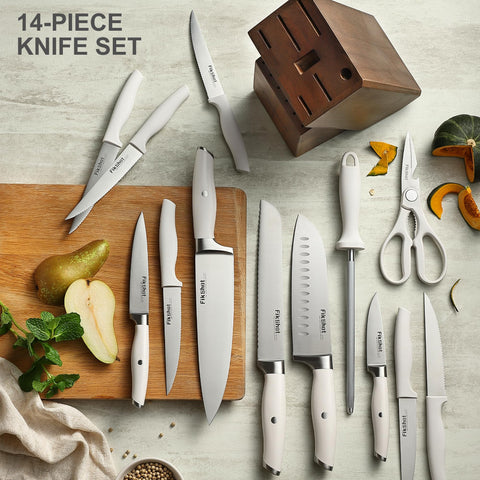 FikShot kitchen shears and honing steel shown for maintenance and edge care.
