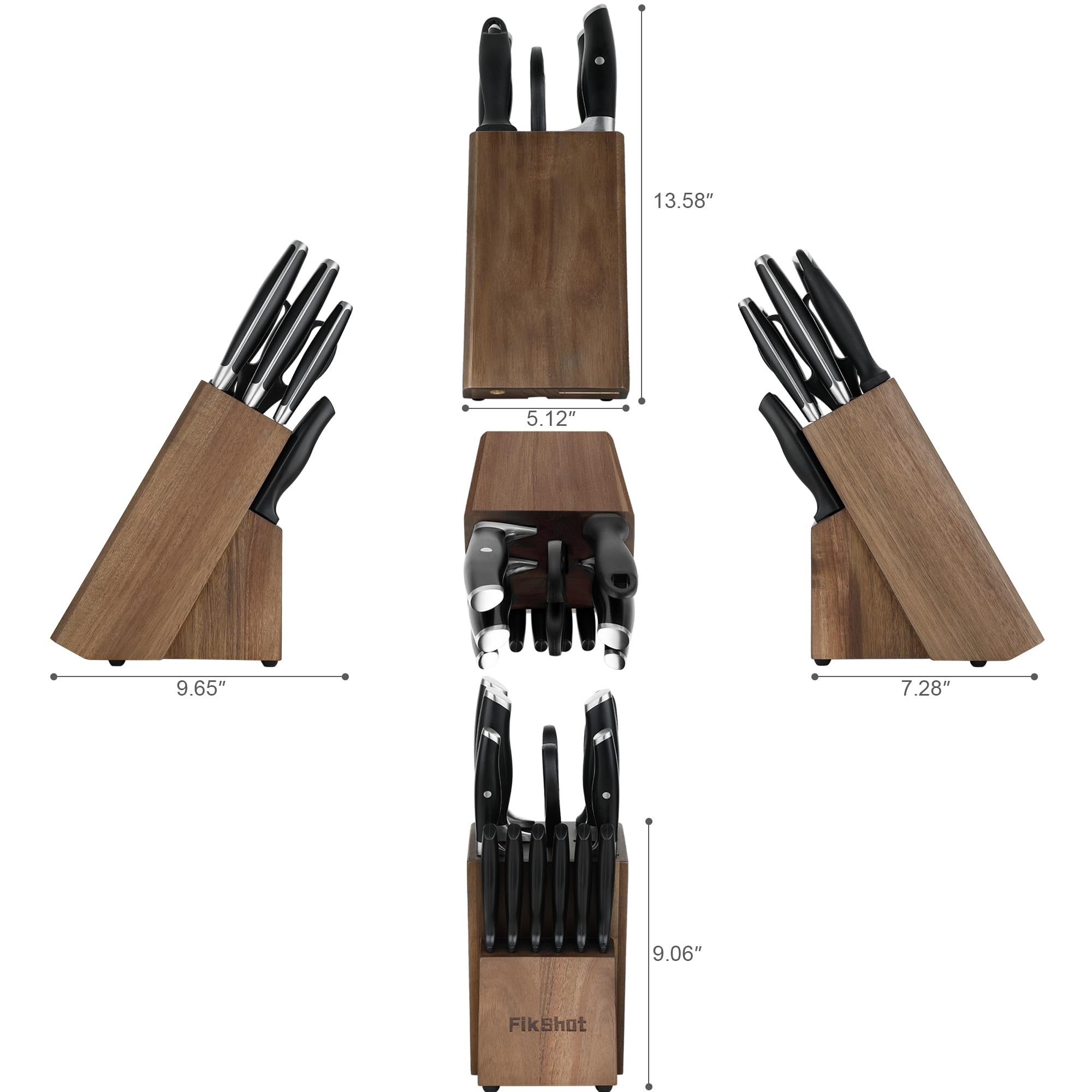 Hardwood knife block provides stable storage and quick access.
