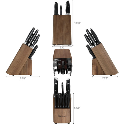 Hardwood knife block provides stable storage and quick access.