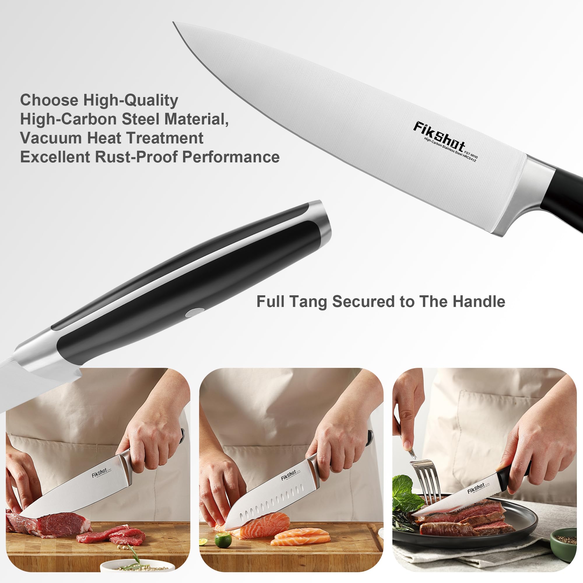 FIKSHOT knife block set showcases a razor-sharp 14-degree edge for clean cuts.