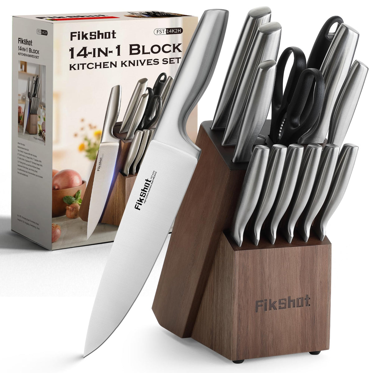 FIKSHOT knife block with silver and walnut finish keeps knives organized for easy access.