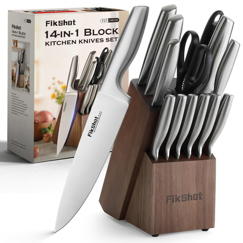 FIKSHOT knife block with silver and walnut finish keeps knives organized for easy access.