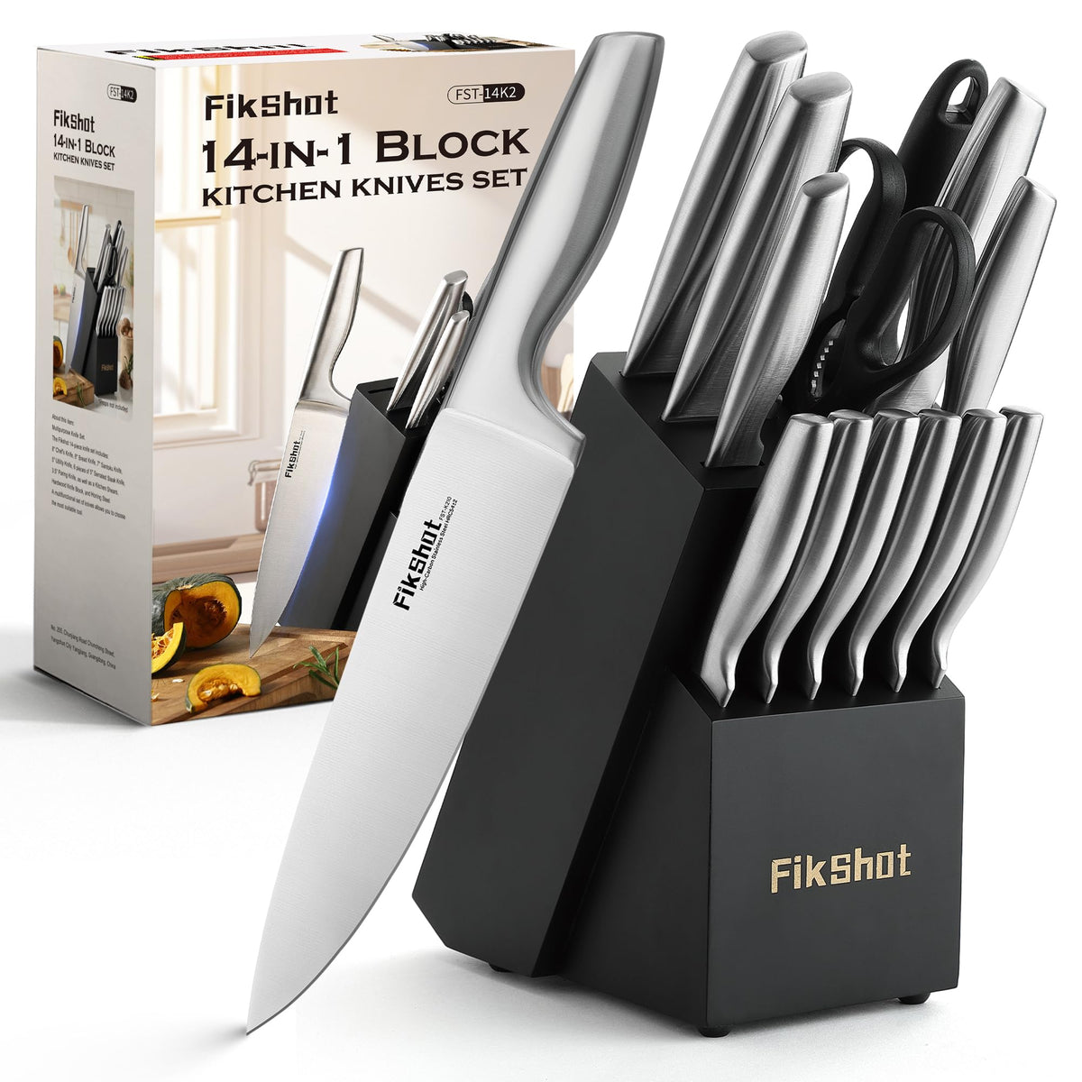 FikShot premium stainless steel knife block set for precise, organized meal prep.