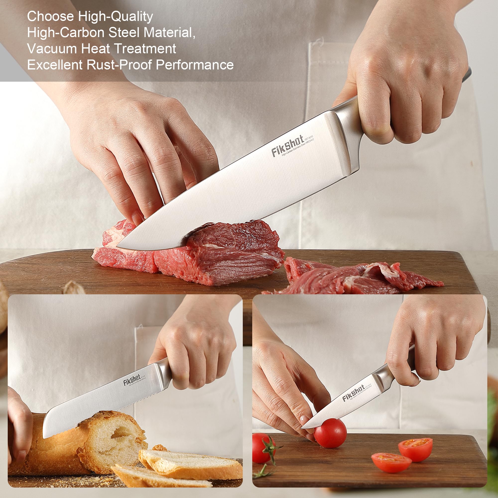 FIKSHOT razor-sharp Santoku knife delivers precise slices for vegetables and meat.