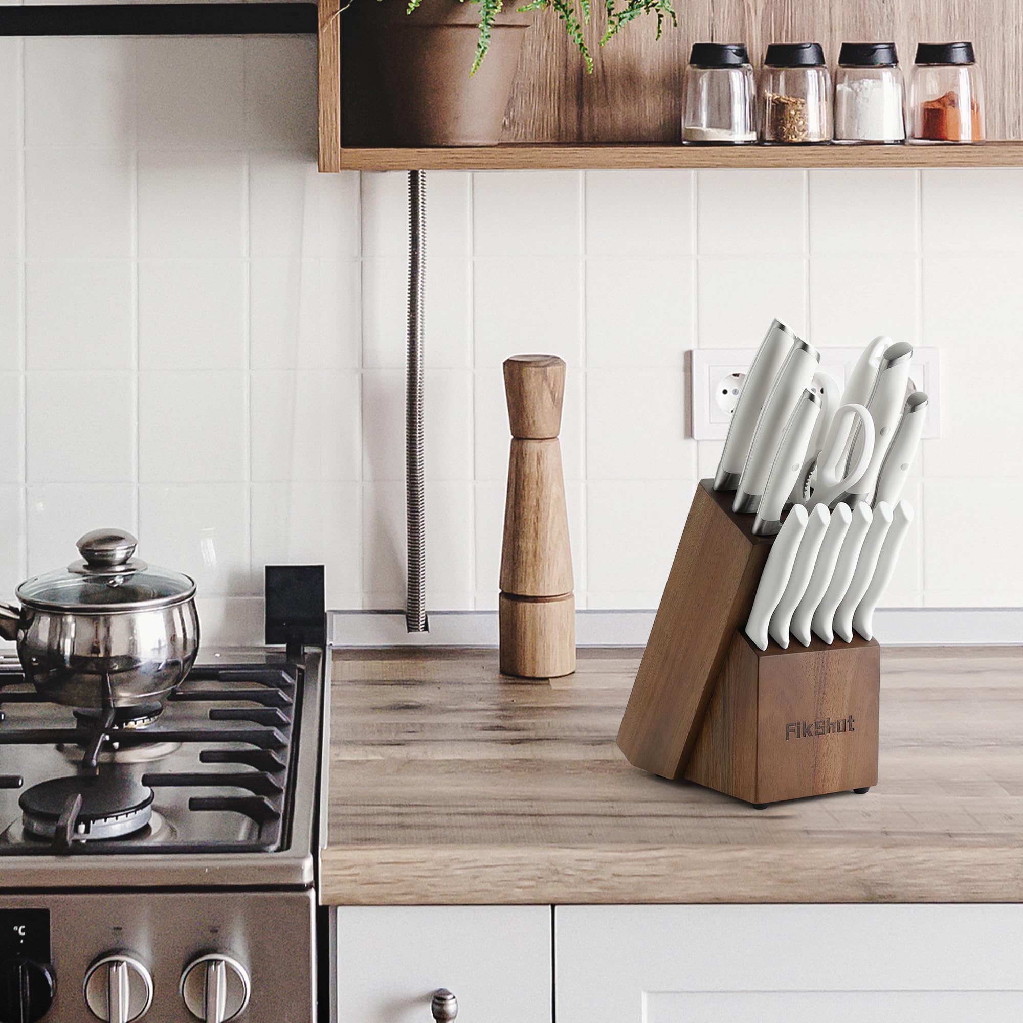 FikShot six 5-inch serrated steak knives for clean, juicy cuts.