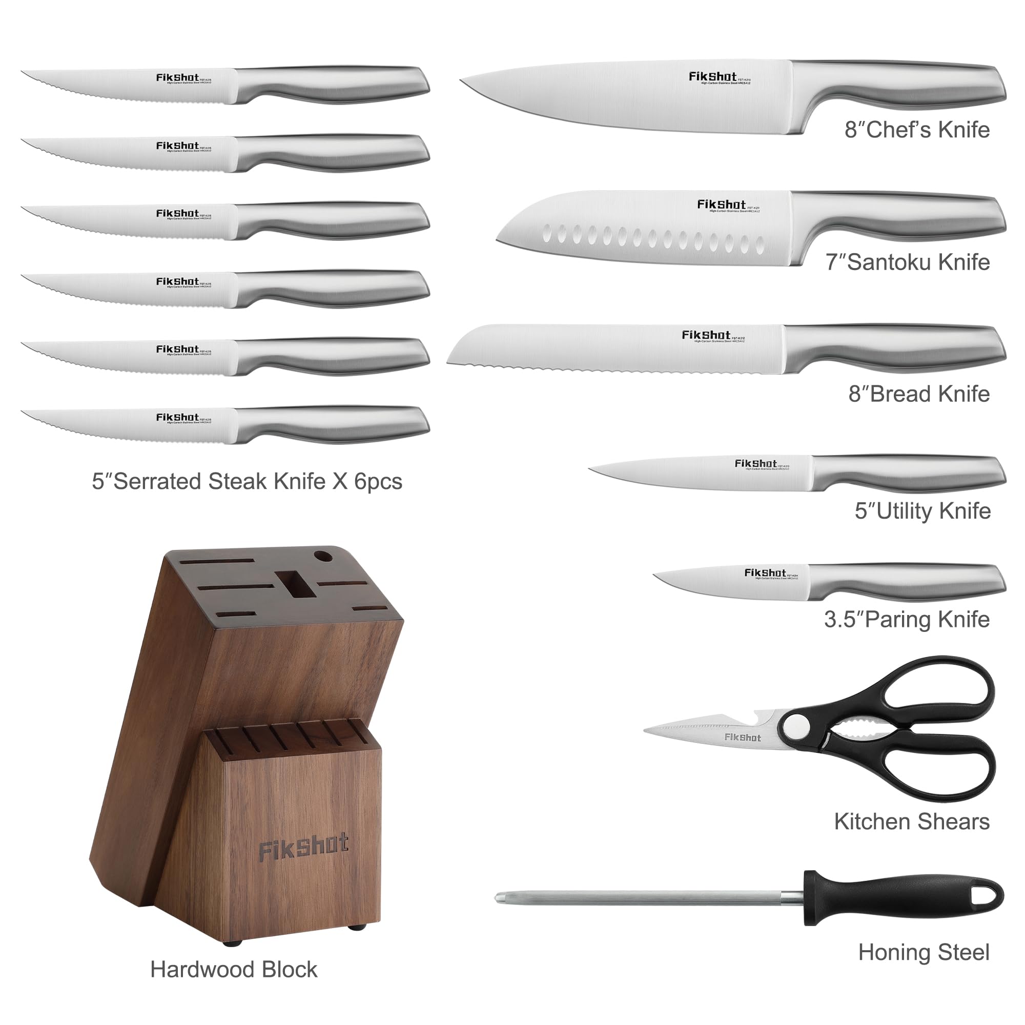 FIKSHOT stainless steel knife set resists stains and corrosion for lasting use.