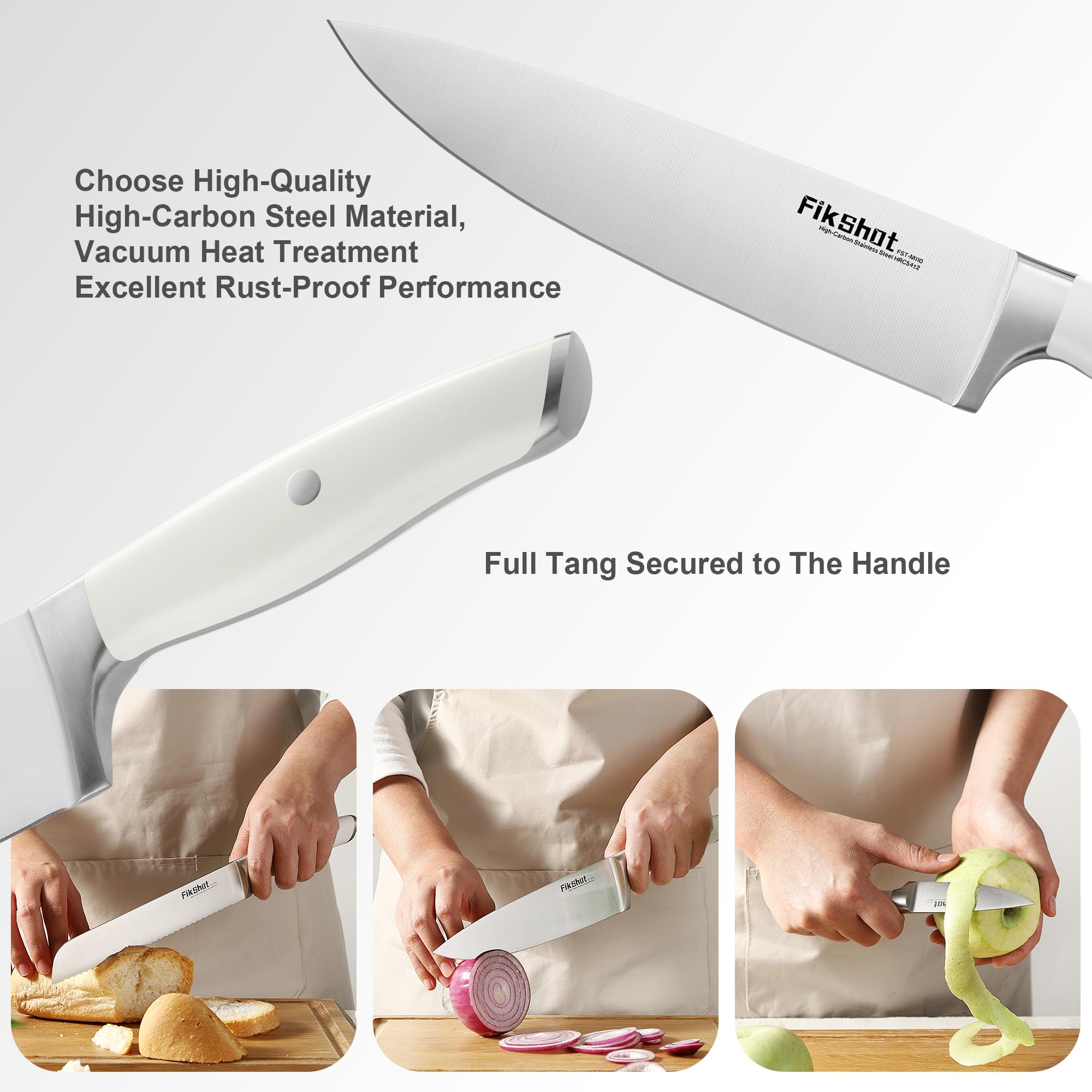 FikShot wooden knife block included for safe, dry storage between uses.