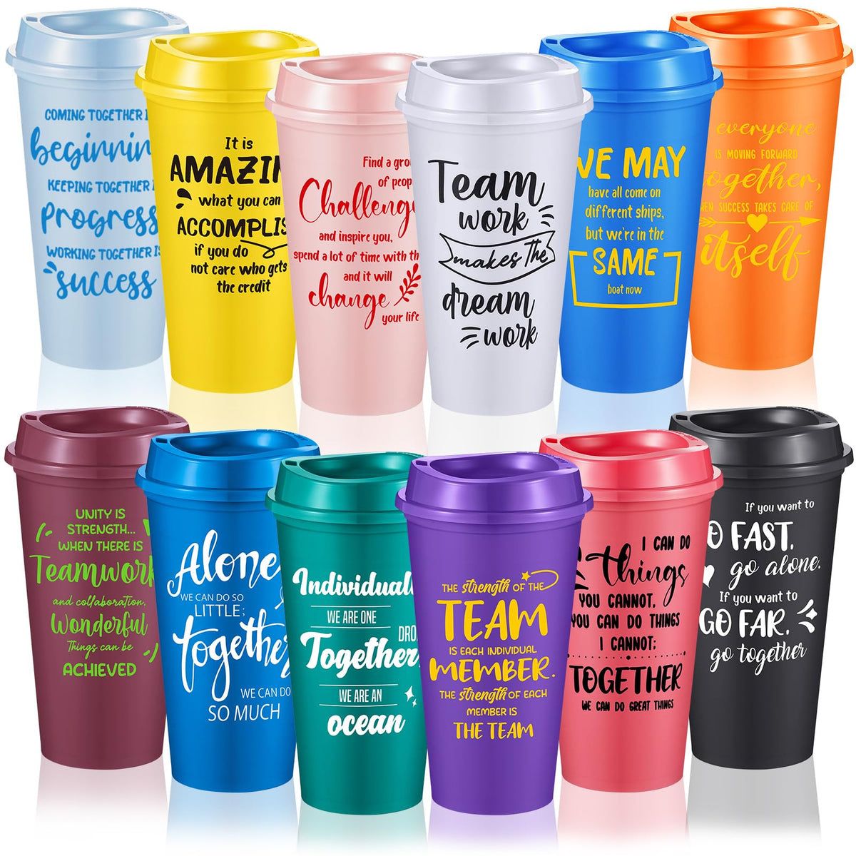 FillTouch 12pc appreciation cups in bright colors for team gifts and daily use.