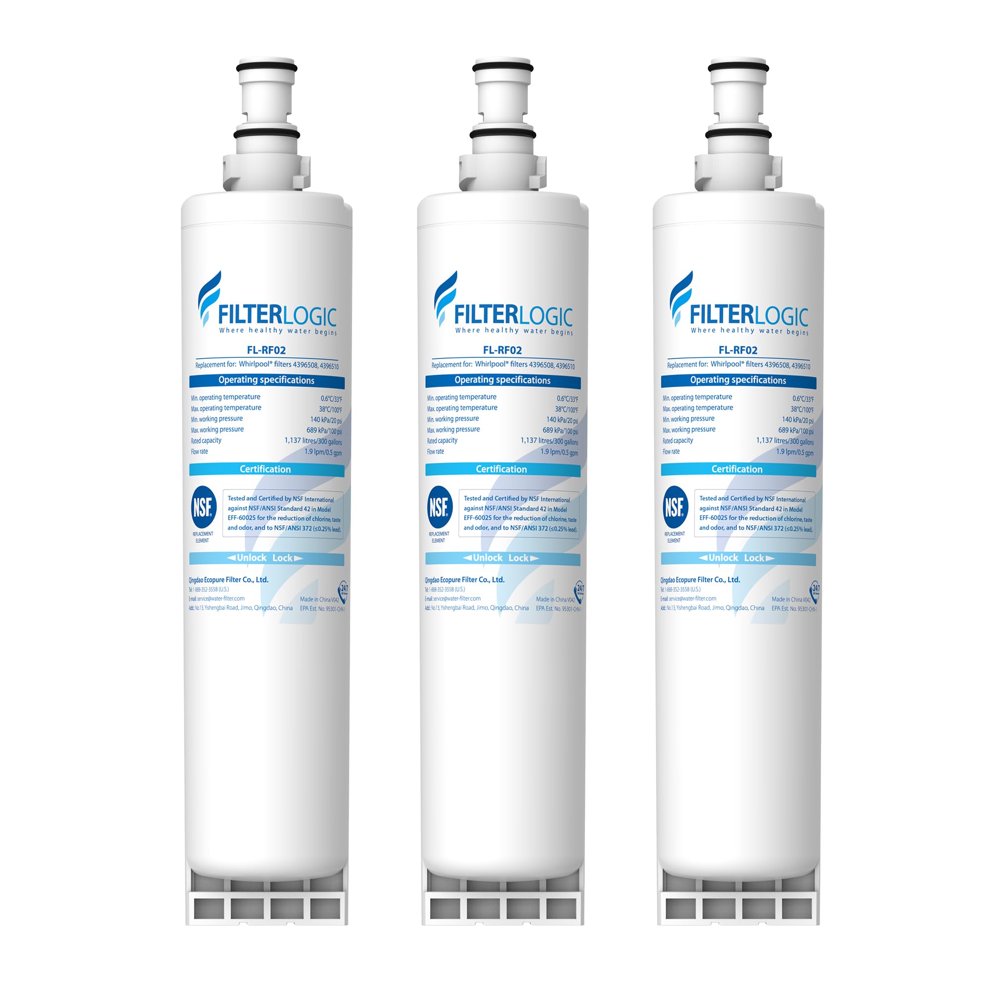 Filterlogic refrigerator filter pack of 3 reduces chlorine for crisper water.