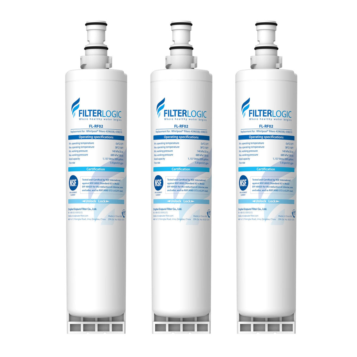 Filterlogic refrigerator filter pack of 3 reduces chlorine for crisper water.