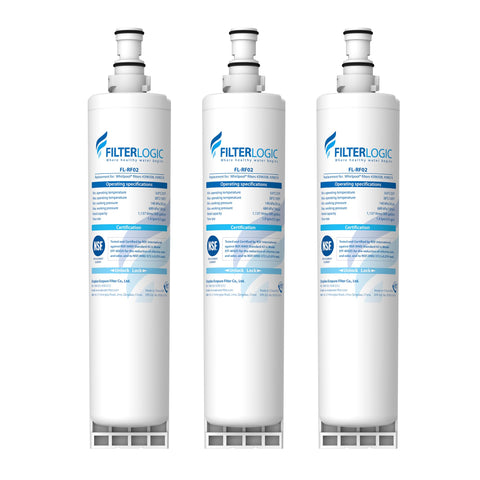 Filterlogic refrigerator filter pack of 3 reduces chlorine for crisper water.