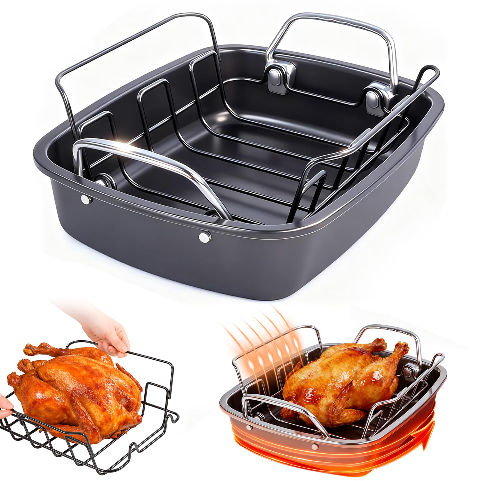Fimary 24lb carbon steel roasting pan with rack for large turkeys