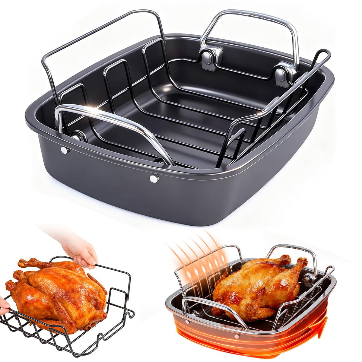 Fimary 24lb carbon steel roasting pan with rack for large turkeys
