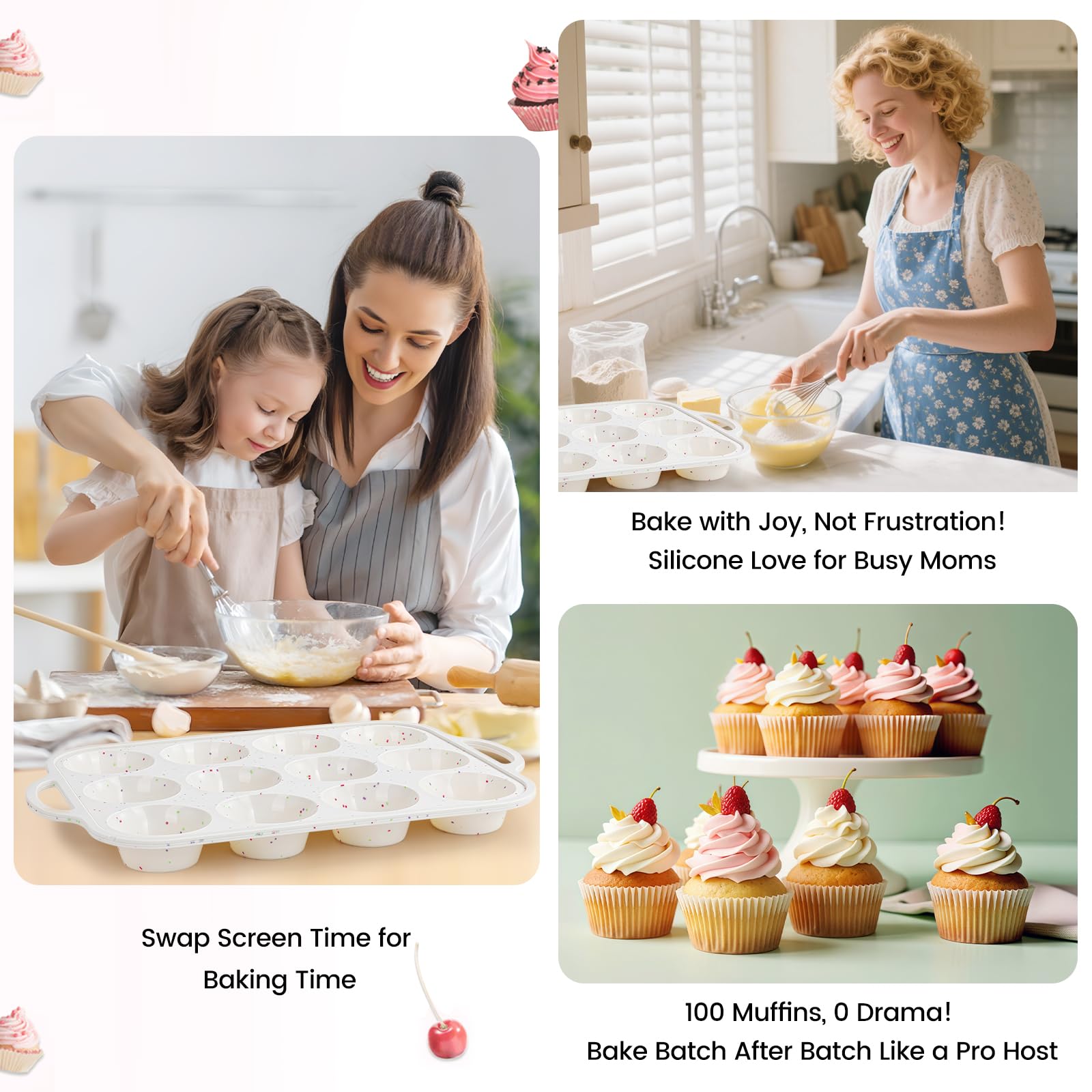Fimary easy-clean muffin pan cleans by hand or dishwasher.