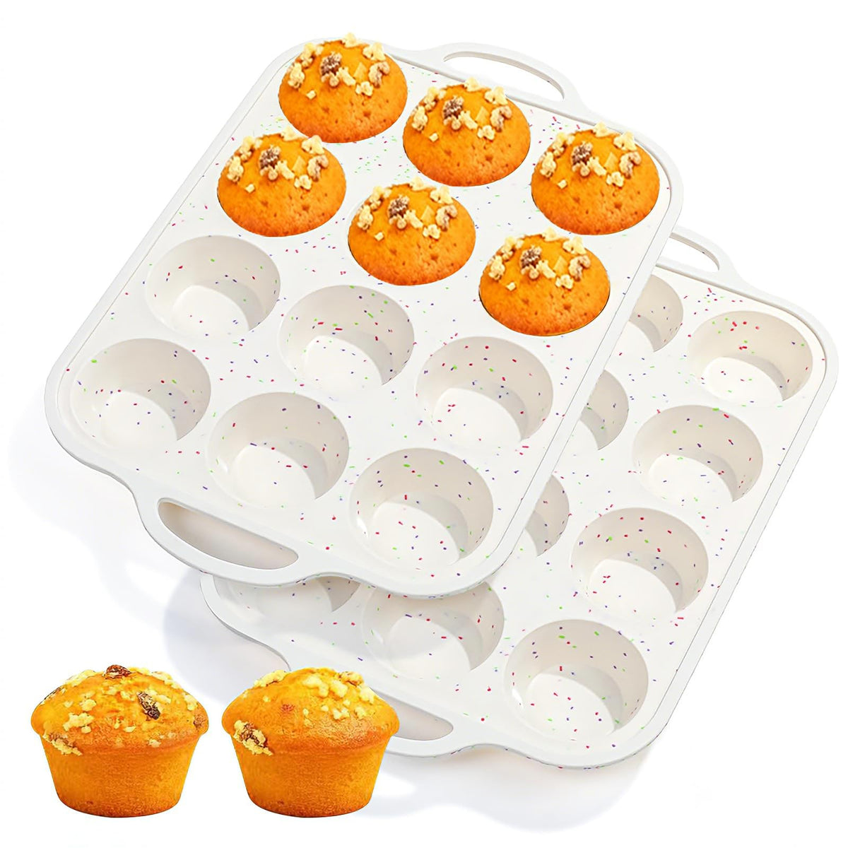 Fimary muffin pan demonstrates a stable 12-cup frame for even batter distribution.