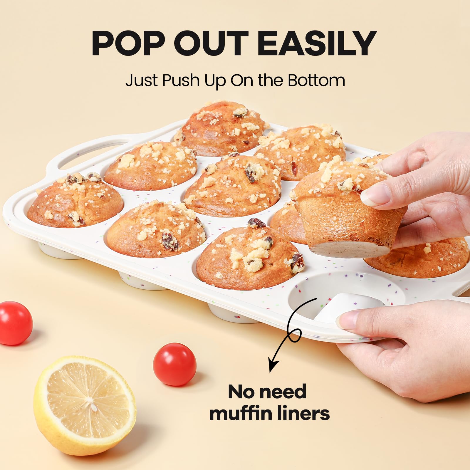 Fimary muffin pan with nonstick surface allows easy release of baked goods.