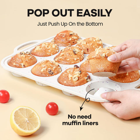 Fimary muffin pan with nonstick surface allows easy release of baked goods.