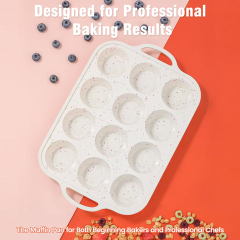 Fimary silicone muffin pan in the oven shows heat resistance up to 450°F.